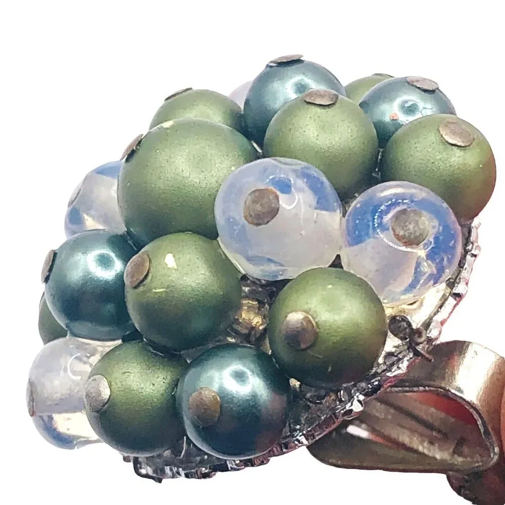 Vintage Japan Green Cluster Beads Silver Tone Clip On Earrings Jelly Belly Matte